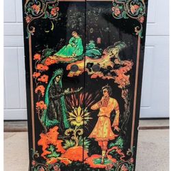 Beautiful Vintage Russian Palekh black lacquered hand painted Fairytale Storage Cabinet