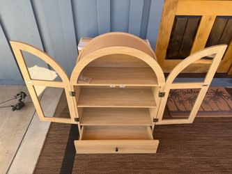 New Arched Display Cabinet with Glass Doors & Drawer – Natural Wood