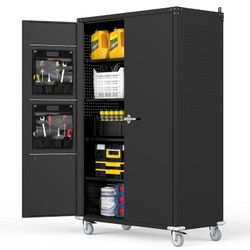 biosp 72"H Wide & Deep Garage Storage Cabinet with Wheels & Pegboards, Metal Storage Cabinet with Locking Door & Adjustable Shelves, Rolling Tool Cabi