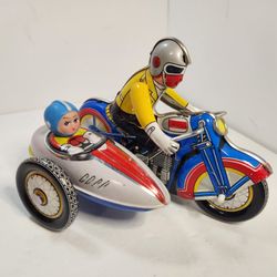 Vintage 50's Motorcycle w/Sidecar & Key Tin Wind Up Toy WORKS GSH 605 Retro