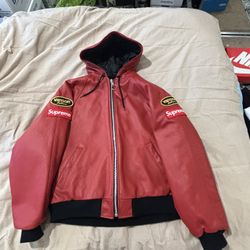 Supreme Vanson Hooded Zip Up Leather Jacket Red