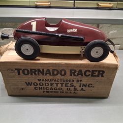 L@@K!--Vintage 1940's Woodette Tornado Large Vintage Metal Racer Toy Race Car w/ ORIGINAL BOX...asking 250.00 "SUPER RARE FIND!"