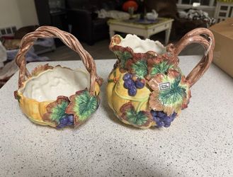1993 Fitz and Floyd Autumn Thanksgiving Banquet Grapes 1.75 qt Pitcher And Baske
