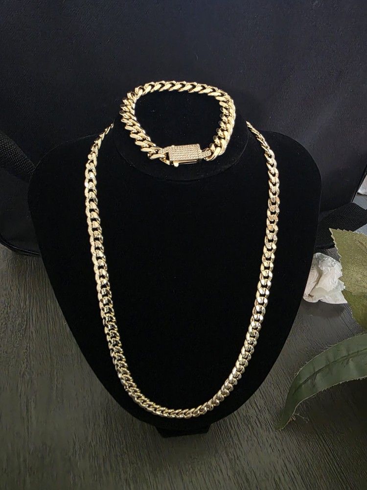 18k Gold Filled Cuban Link Set Cubic Zirconia