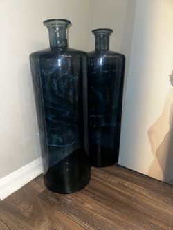 Set of 2 Blue Glass Decorative Bottle Vases