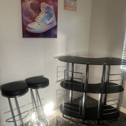 Black glass & chrome bar  w/2(set) leather stools $100