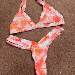 New Large Orange Tye Dye Festival Rave Boho Bikini Bathing Suit 