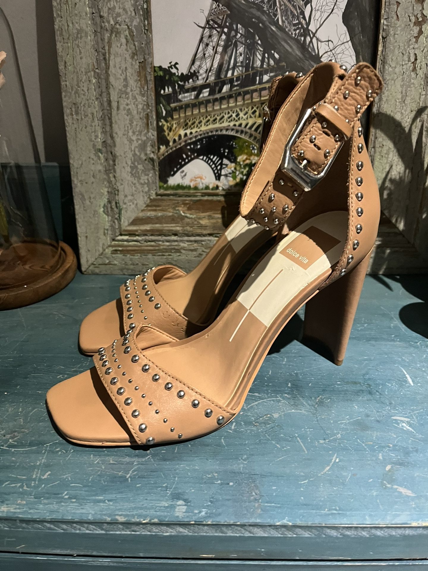 Dolce Vita Nude Studed Sandals With A USquare Heel Size 9