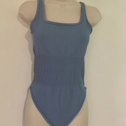 Blue Bodysuits Ribbed Sleeveless Square Neck Sleeveless large
