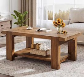 LE0039 47" Large Coffee Table with Storage Shelf, Solid Wood Heavy-Duty Rustic Brown Farmhouse Living Room Furniture Center Table Holds Up to 350 lb