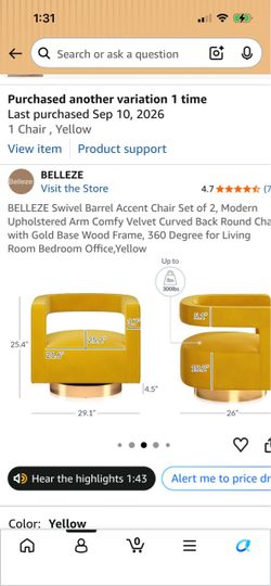 Swivel Barrel Accent Chair-Mustard/Yellow