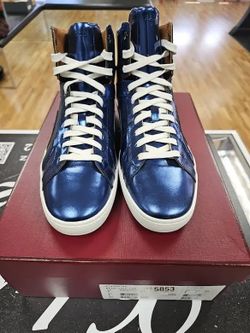 NIB Bally Eticon 103 Blue Metallic Leather High Top Sneakers Sz 8. 