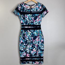 Belle Sky XS Blue Pink Multicolored Floral Black Mesh BodyCon Midi Scuba Dress