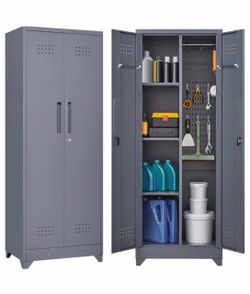 Black 65 in. Metal Broom Storage Cabinet with Locking Doors Shelves Hanging Rod and S-Hooks Utility