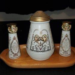 VTG WHITE WITH GOLD DETAIL RELIGIOUS SUGAR DISPENSER With Salt And Pepper Shaker WITH GOLD TONE METAL 1960