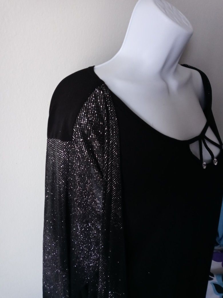 Black blouse with Glitter ,veil fabric on sleeves in size xL/1xL