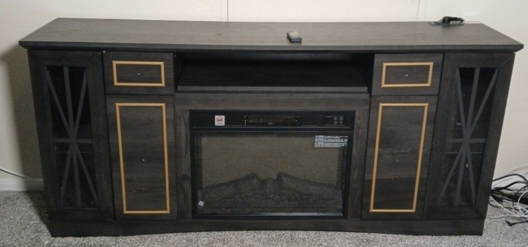 Electric Fireplace TV Stand – Dark Wood Media Console w/ Remote & Storage – Like New