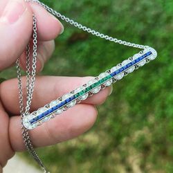 Solid Platinum Vintage Diamond Pendant, Natural Blue Sapphires & Emeralds, Necklace