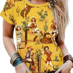 Womens  Horse Cactus Guitar Cowgirl Blouse Size M Strech Yellow Multicolor