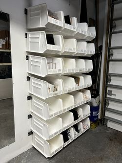 Heavy-Duty Quantum Stackable Storage Bins + Steel Wall Mounting Rails – 28 Bins