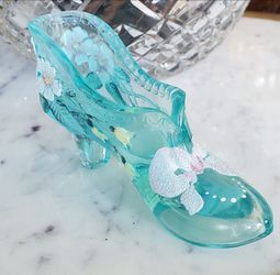 Vintage Fenton Aqua Glass Slipper Shoe with Hand Painted Floral Detail