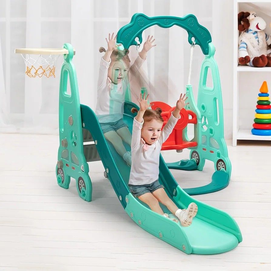 Slide Climber Swing Set, 4 in 1 Freestanding Toddler Slide Climber Playset with Basketball Hoop, NEW