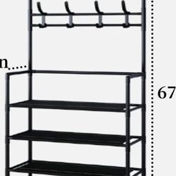 Shoe Rack, 3 in 1 Entryway Coat Rack, Freestanding Hall Tree with 5 Shelves Storage for Organizer, 8 Hanger Hooks, Upper Shelf, Black