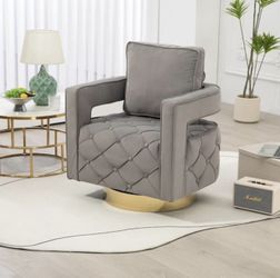 NEW Gray Modern Gray Velvet Swivel Upholstered Barrel Accent Chair with Golden Base