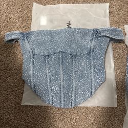 Manière De Voir US Size 6 Boucle Denim Bardot Corset Top and Mini Skirt in Mid Blue
