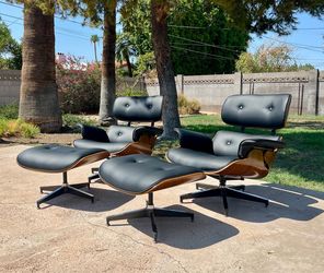 Mid Century Eames Style Lounge Chair in Real Leather and Walnut