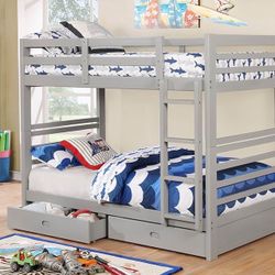GRAY FINISH TWIN OVER TWIN SIZE BUNKBED DRAWERS - KIDS FURNITURE BED