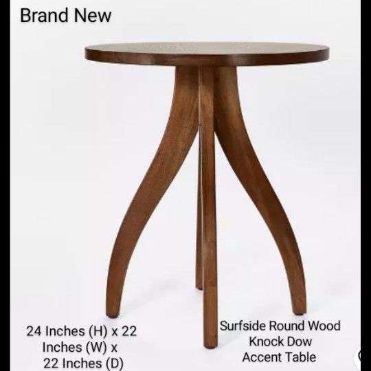 Brand New Surfside Round Wood Knock Dow Accent Table