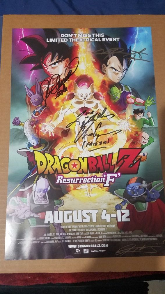 dragon ball resurrection f autograph poster by goku, vegeta, frieza and one more