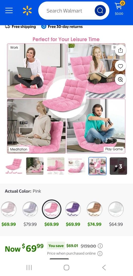 Costway Adjustable Floor Chair – Pink Plush Lounge Seat