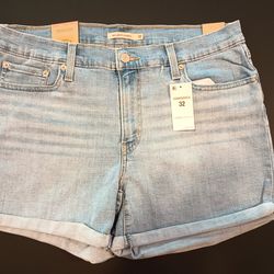 Levi's Mid Length Jean Shorts Hypersoft Medium Wash Blue Denim Cuffed Size 32