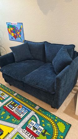Blue Fabric Loveseat with Throw Pillows