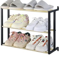 MyGift Modern Black and Brass Metal Entryway Wall Shoe Rack with Keyhole Mount Brackets, 3 Tier Hanging Shoe Organizer Shelf