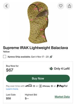 Supreme IRAK Lightweight Yellow Balaclava New 