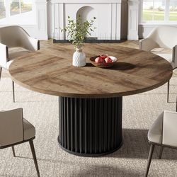 47" Round Dining Table, Wood Kitchen Table With Sturdy Fluted Metal Base