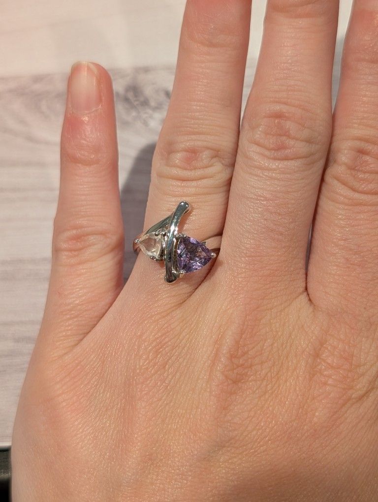 Sterling Silver Bypass Ring with Rose Quartz & Amethyst 
