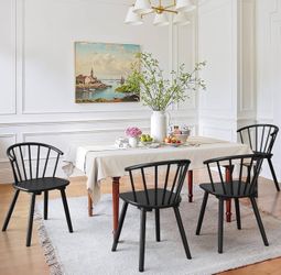 Set Of 4 LUE BONA Black Dining Chairs Set of 4, Farmhouse Wood Dining Chairs with Semicircular Backrest, Spindle Dining Chair for Kitchen and Dining R