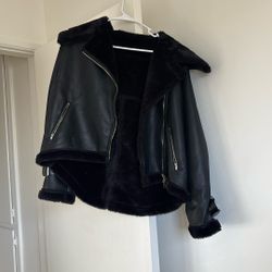 Black Leather Furry Jacket Free Size 