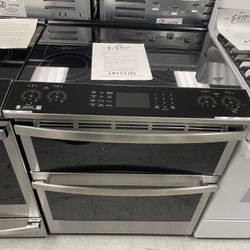 GE Profile 30” 5 Burner Element Smart Slide-In Double Oven Electric Range in Fingerprint Resistant Stainless w/ Air Fry
