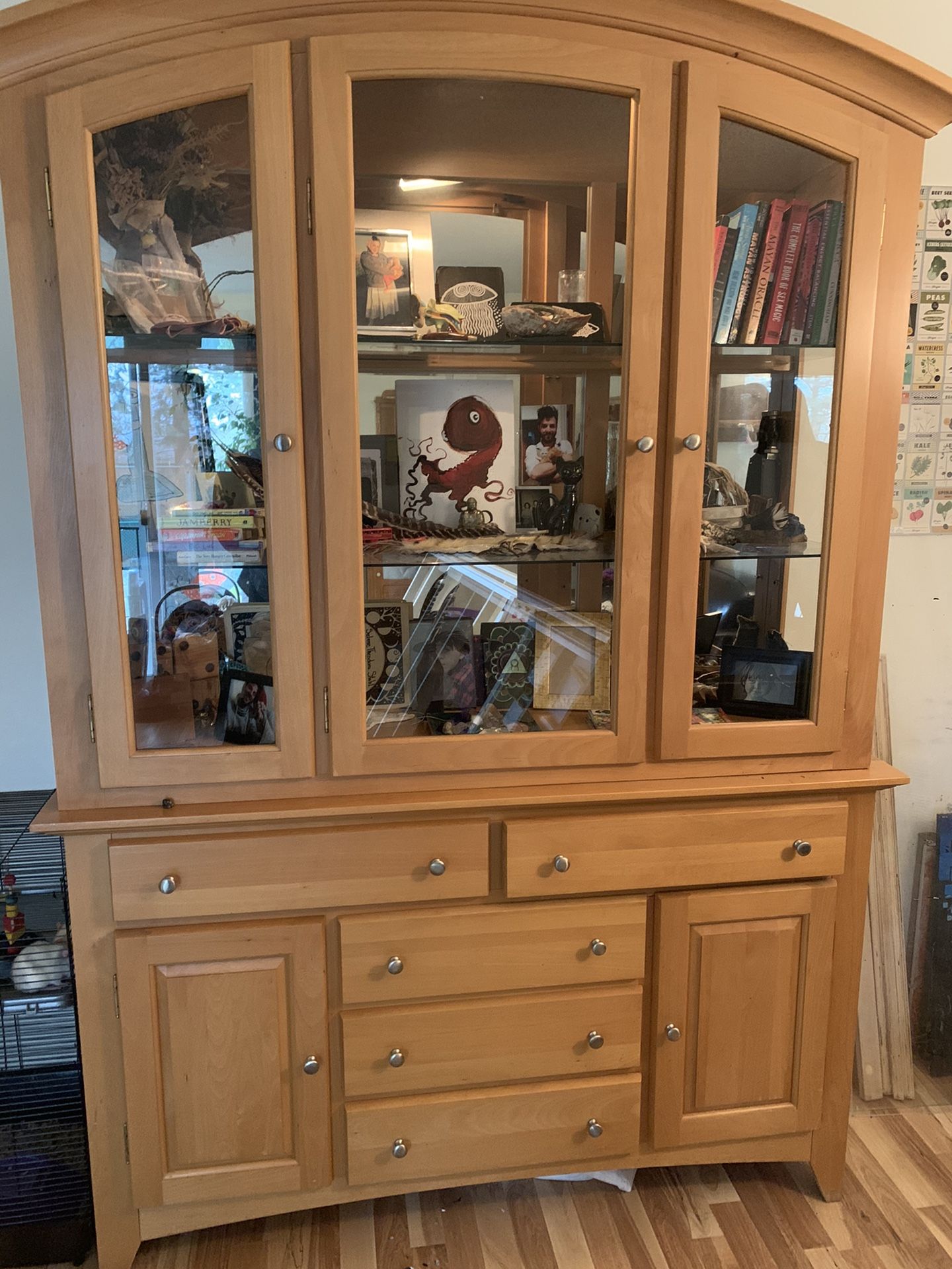 Beautiful solid wood and glass hutch with matching display/shelf unit