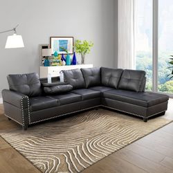 New Black Leather Sectional Sofa / Couch with Chaise (Can Deliver)