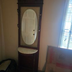 Vintage Entryway Hall Tree w/ Mirror & Marble Shelf