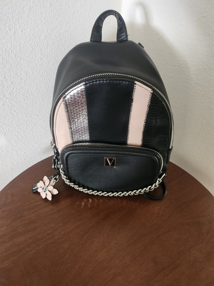 Victoria's Secret EXOTIC MIX Mini Backpack NEW BLACK Flower Hangtag Chain Zipper
