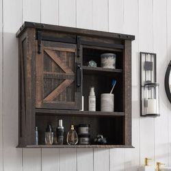 Wall Storage Cabinet with Barn Door & 3 Shelves Farmhouse Wooden Bathroom Wall Mounted Medicine Cabinet Organizer Spacesaver for Kitchen Laundry Room 