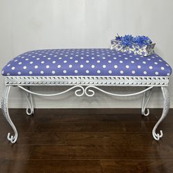 Stunning Blue And White Poke-a Dotted Wrought Iron Bench 