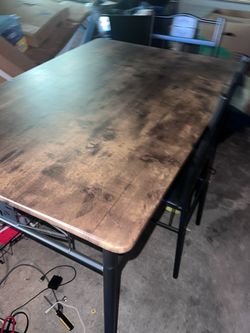 Dining Table with 2 Chairs – Wood Look Top / Black Metal